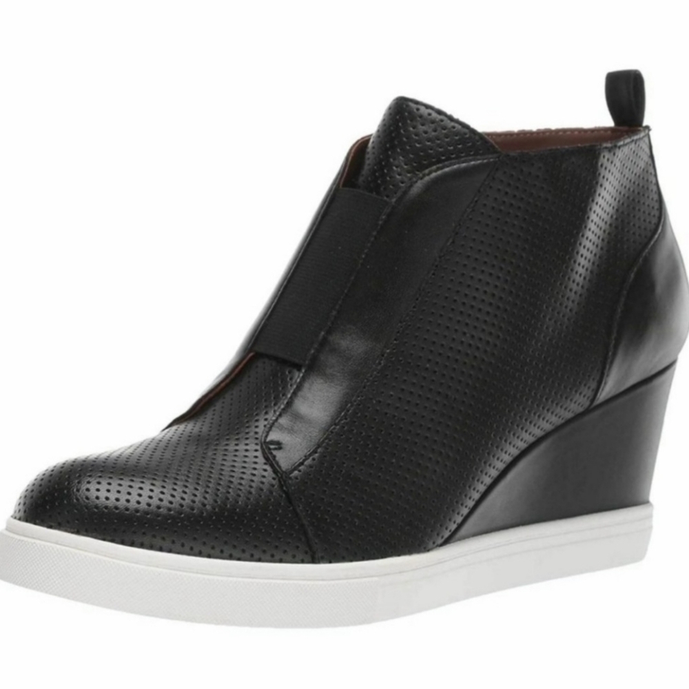 Linea Paolo Felicia Perforated Black Leather Wedge Sneakwrs